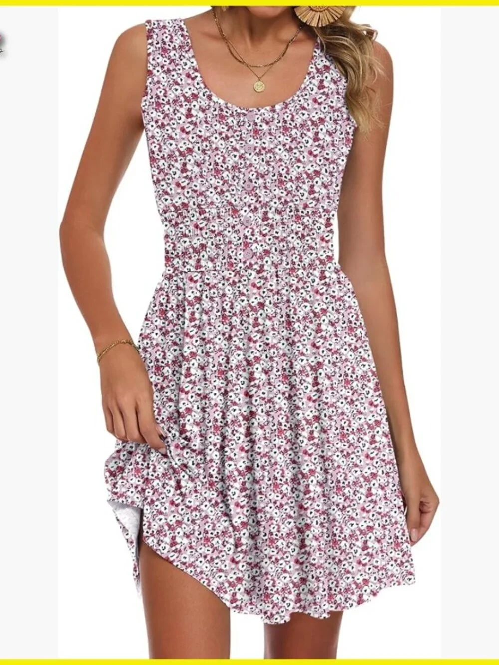 Sleeveless Button Down Dress Elastic Empire Waist Smocked Mini Casual Chic